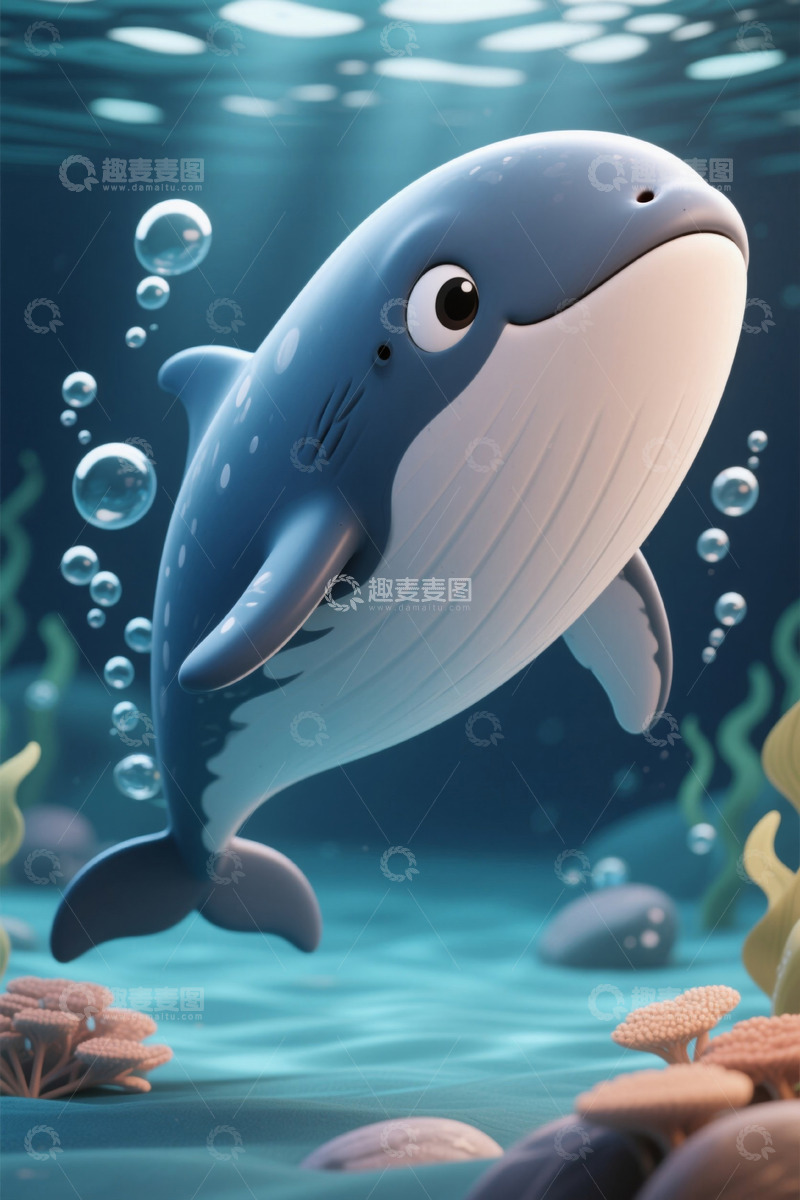 高清大图下载【趣麦麦图】卡通鲸鱼在海底游动