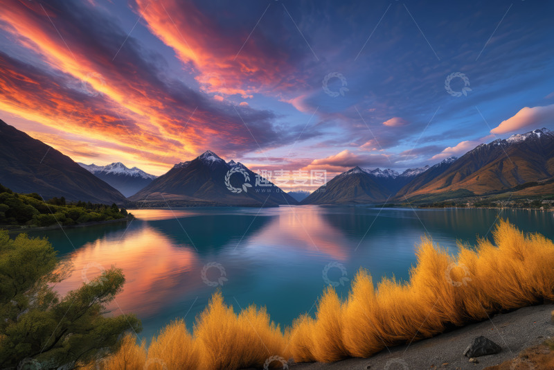 高清大图下载【趣麦麦图】湖畔壮丽晚霞自然风光