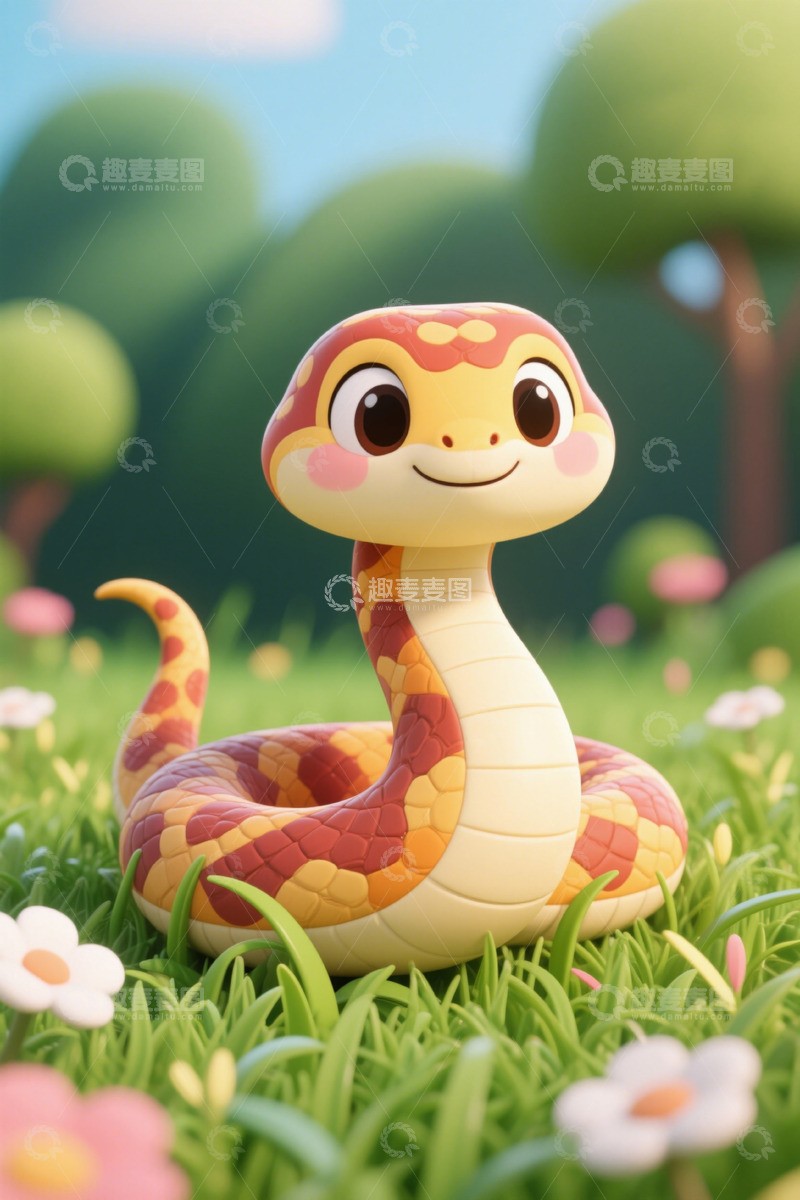 高清大图下载【趣麦麦图】草地上的卡通蛇形象