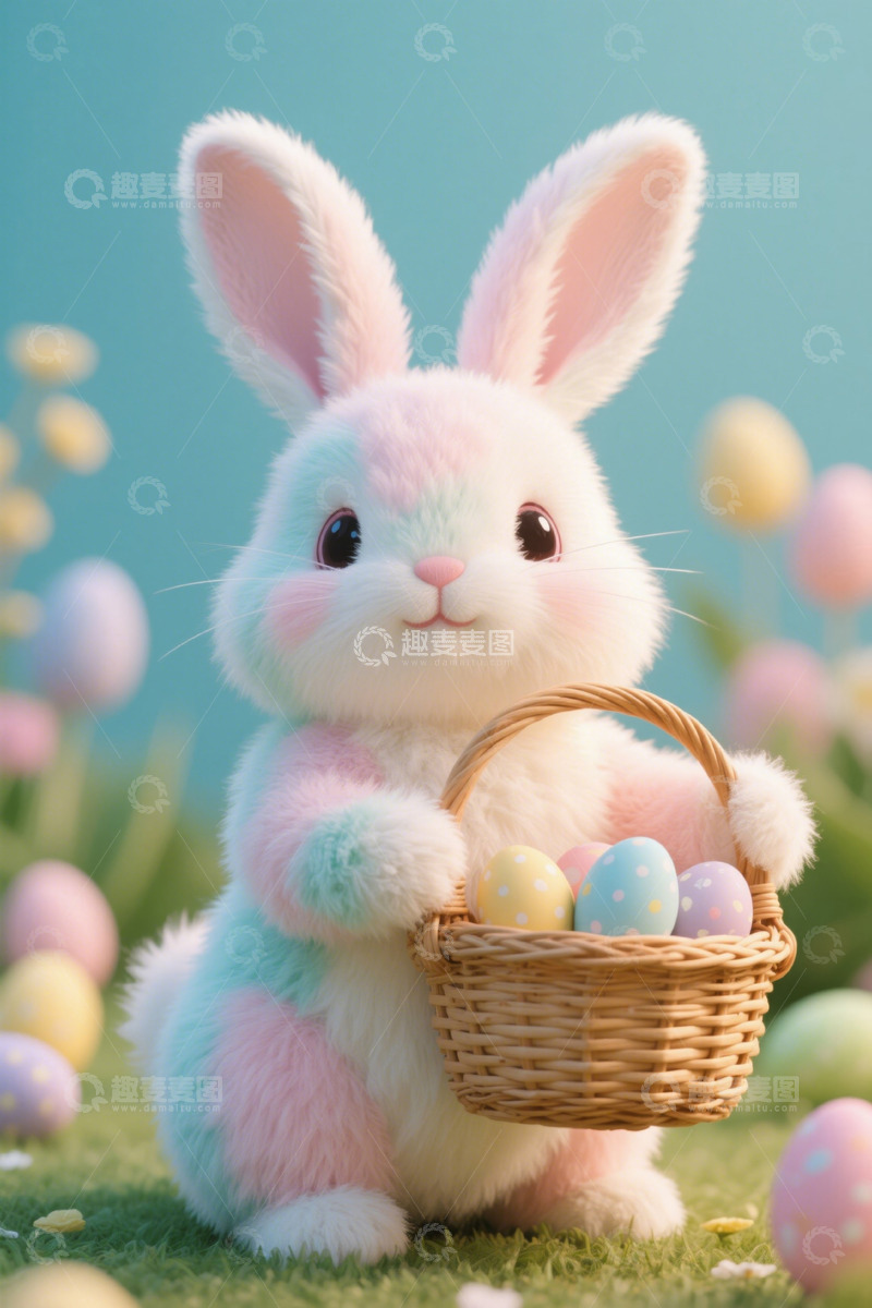 高清大图下载【趣麦麦图】复活节兔子手持彩蛋篮
