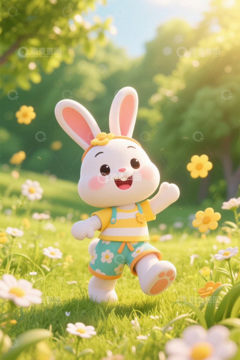 高清大图下载【趣麦麦图】可爱动画兔子在草地欢快奔跑