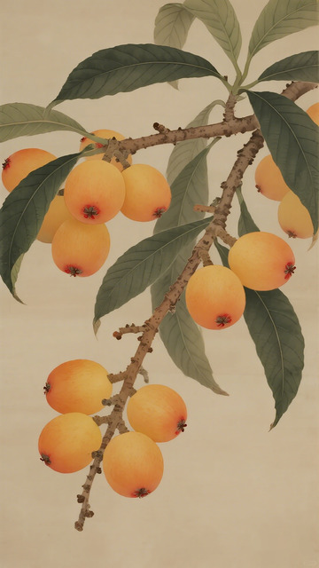 工笔枇杷果枝图画素材