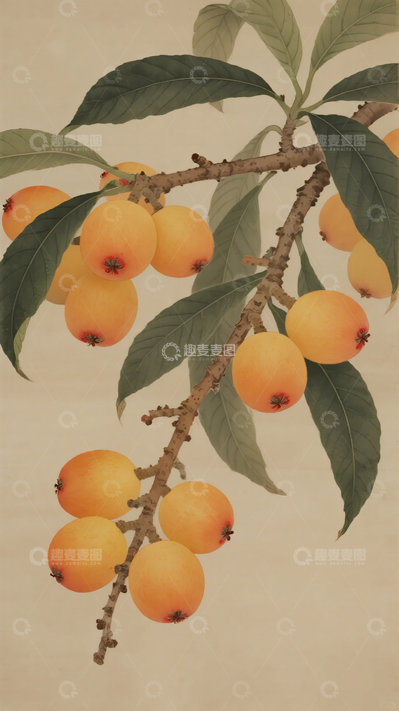 高清大图下载【趣麦麦图】工笔枇杷果枝图画素材