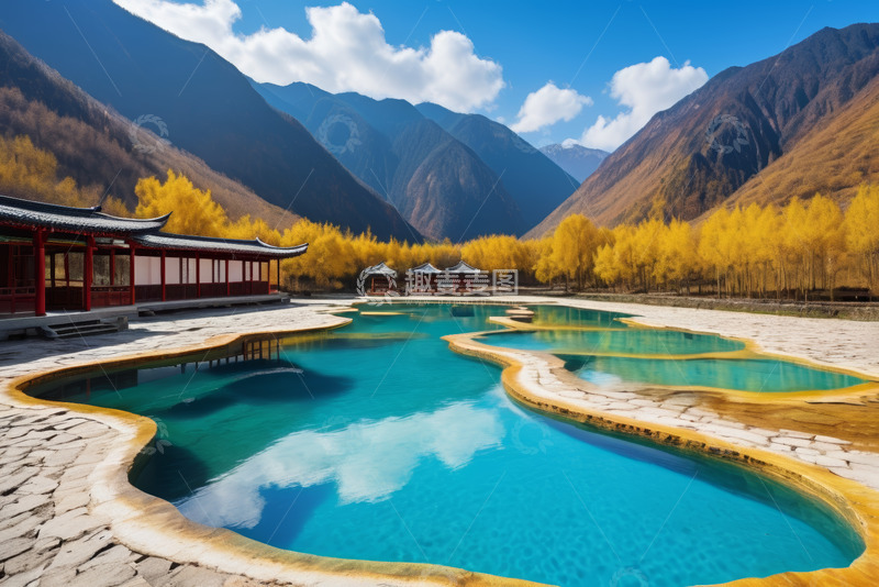 高清大图下载【趣麦麦图】山间蓝池与中式建筑景观