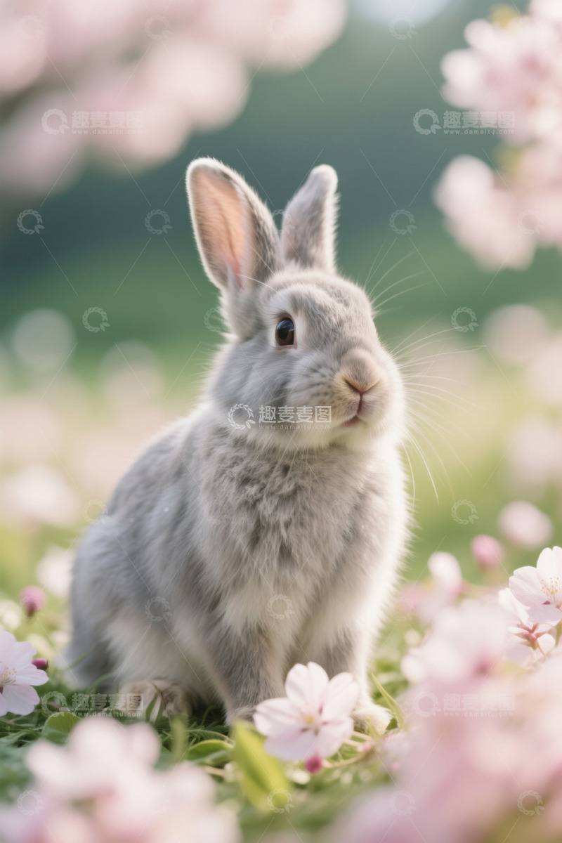 高清大图下载【趣麦麦图】花丛中静坐的灰兔子