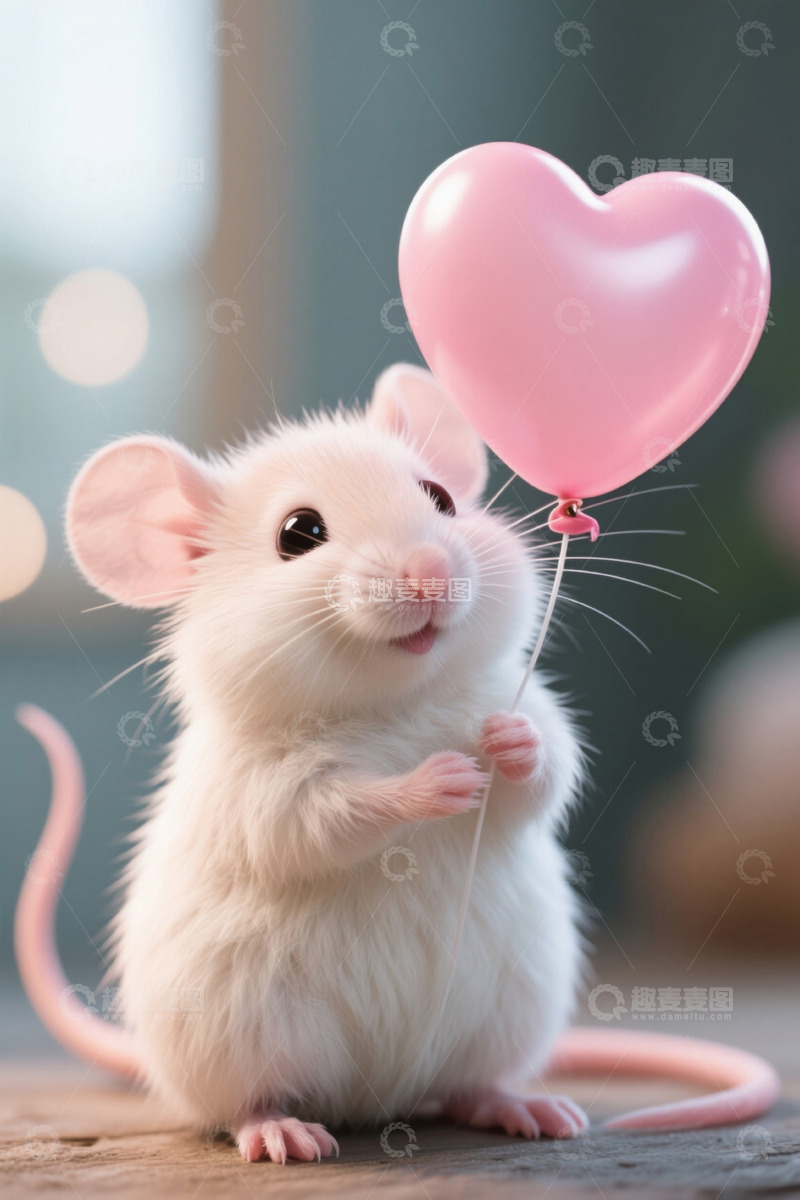 高清大图下载【趣麦麦图】手持爱心气球的可爱小白鼠