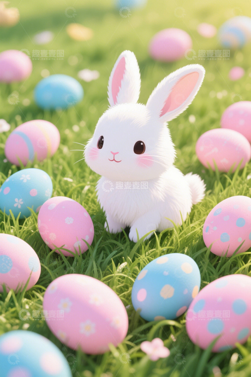 高清大图下载【趣麦麦图】草地上的复活节兔子与彩蛋