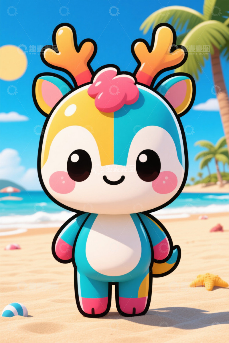 高清大图下载【趣麦麦图】沙滩上的彩色卡通小鹿