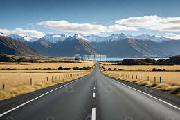 旷野道路与远方雪山风景