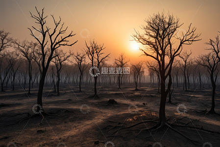 日落时分光秃树林景象
