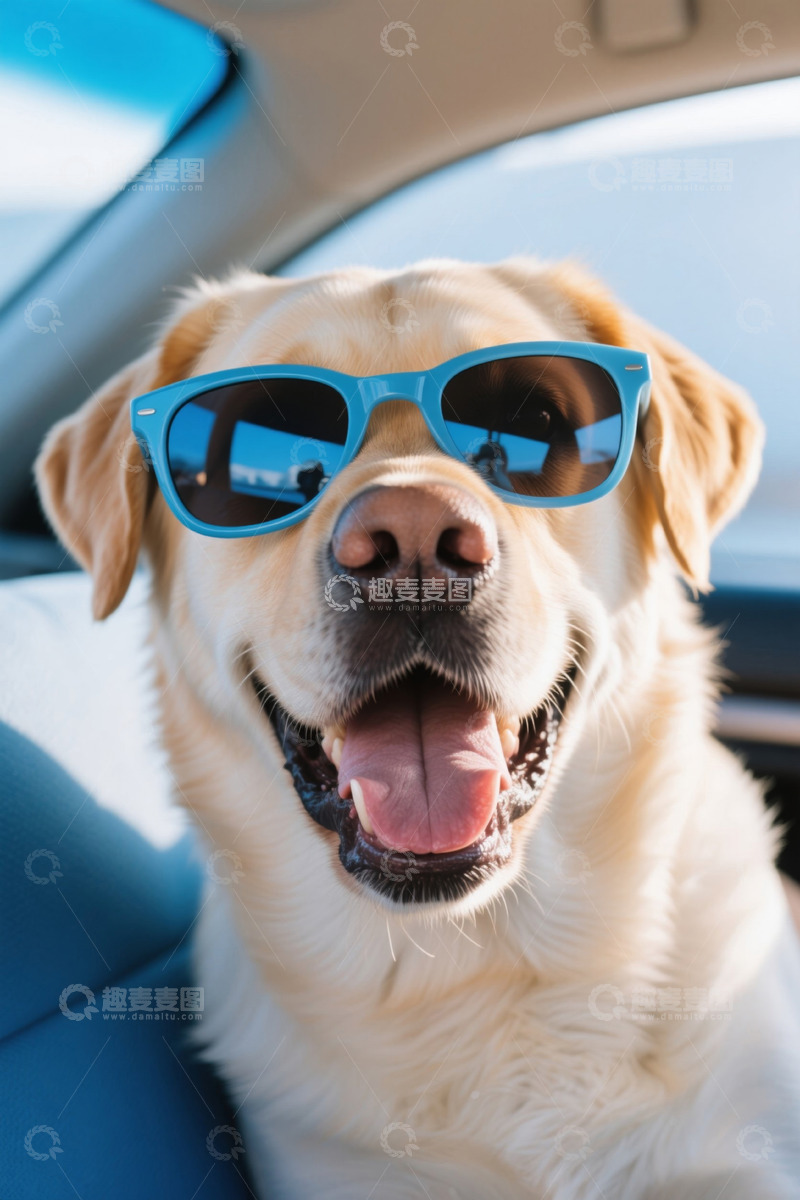 高清大图下载【趣麦麦图】戴墨镜的狗狗坐在车内
