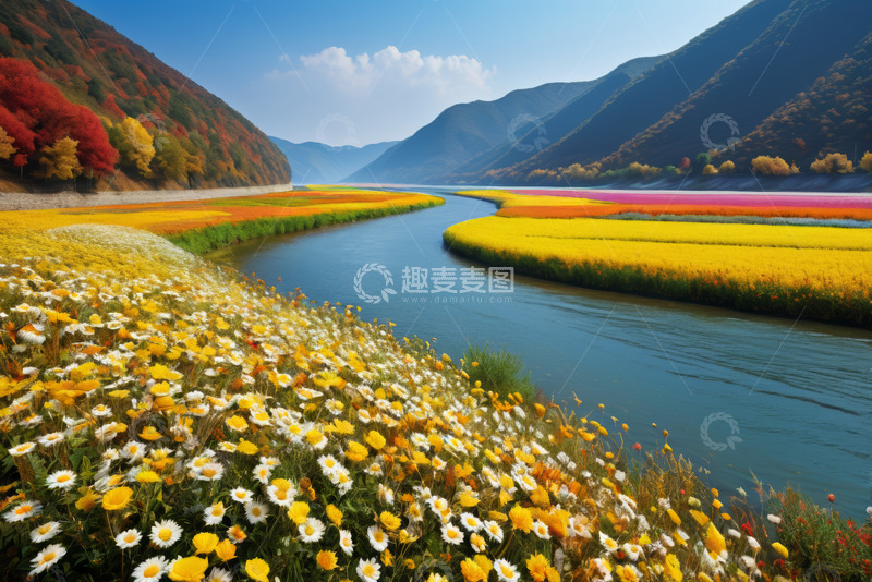 高清大图下载【趣麦麦图】河谷两岸多彩花田与山峦景观