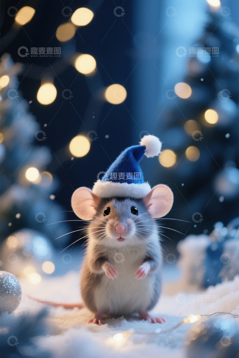 高清大图下载【趣麦麦图】戴圣诞帽的可爱老鼠特写