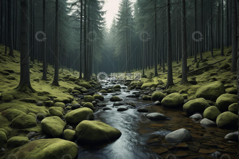 高清大图下载【趣麦麦图】森林中流淌的清澈小溪