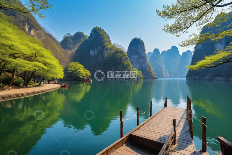 高清大图下载【趣麦麦图】山水湖畔木质栈桥风景