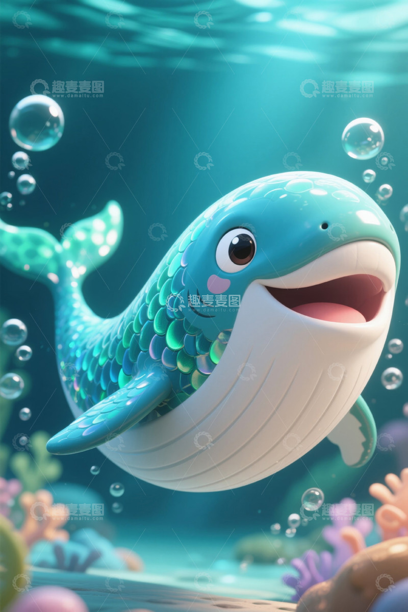 高清大图下载【趣麦麦图】卡通鲸鱼在海底游动