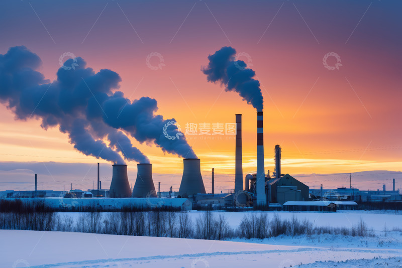 高清大图下载【趣麦麦图】夕阳下冒烟的工业发电厂