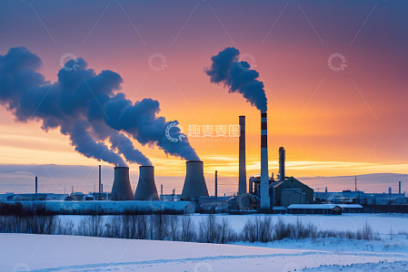 夕阳下冒烟的工业发电厂