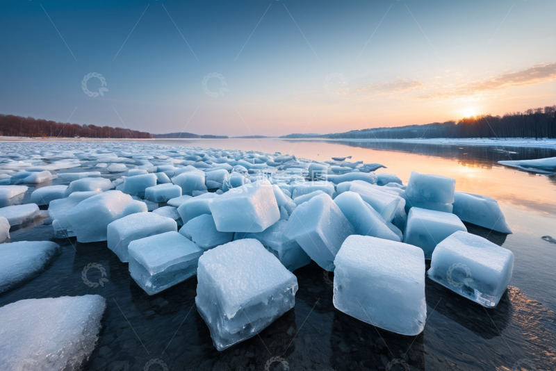 高清大图下载【趣麦麦图】河面上的冰块与日出景观