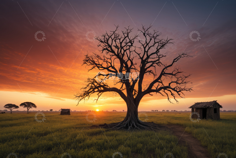 高清大图下载【趣麦麦图】非洲草原落日下的枯树与小屋