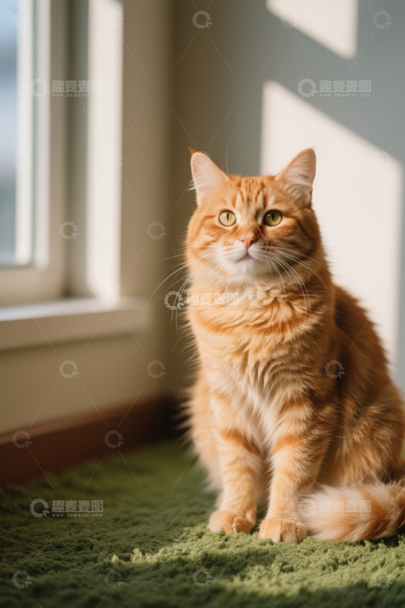 高清大图下载【趣麦麦图】窗边坐着的橘色长毛猫