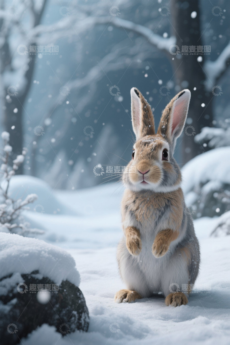 高清大图下载【趣麦麦图】雪地中站立的兔子