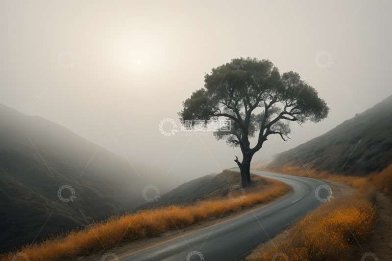 高清大图下载【趣麦麦图】山间公路旁的孤树
