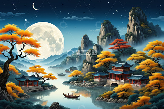 中式山水月夜古建筑风景