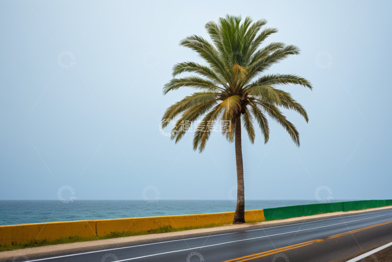 高清大图下载【趣麦麦图】公路旁的棕榈树与海景