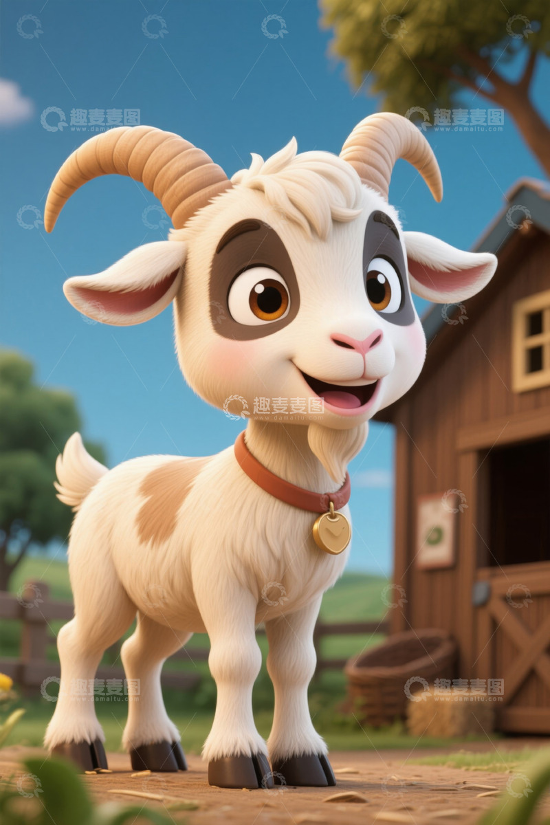 高清大图下载【趣麦麦图】卡通山羊站在农场小屋前