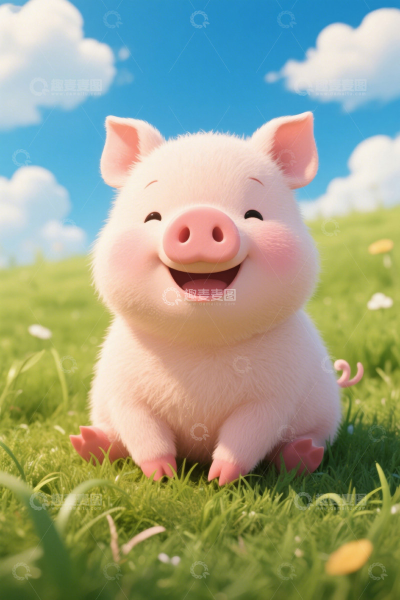 高清大图下载【趣麦麦图】草地上的卡通小猪