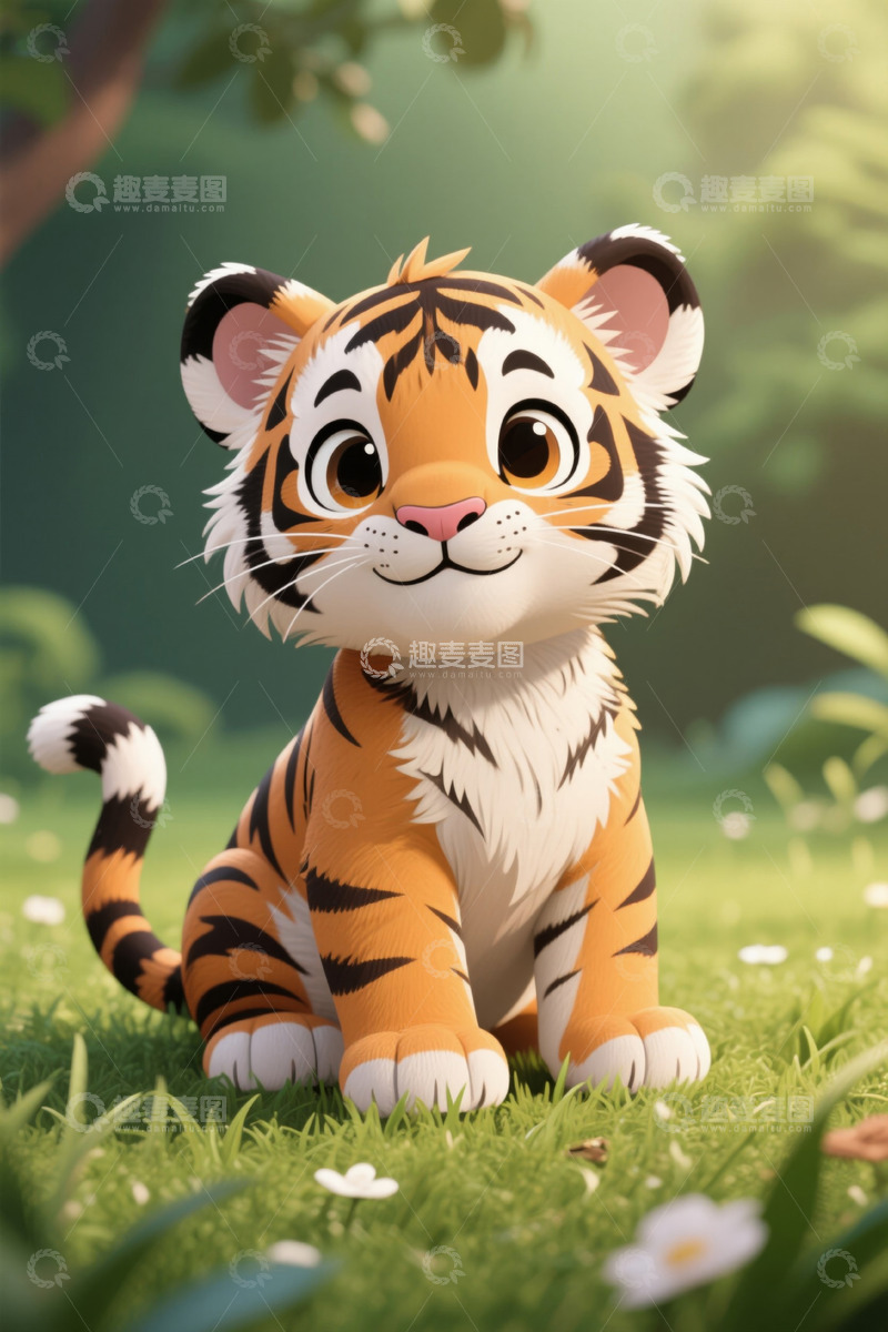 高清大图下载【趣麦麦图】草地上的卡通小老虎