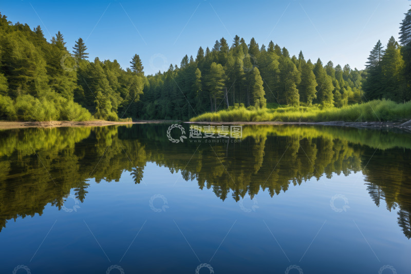 高清大图下载【趣麦麦图】森林旁平静湖水自然风光
