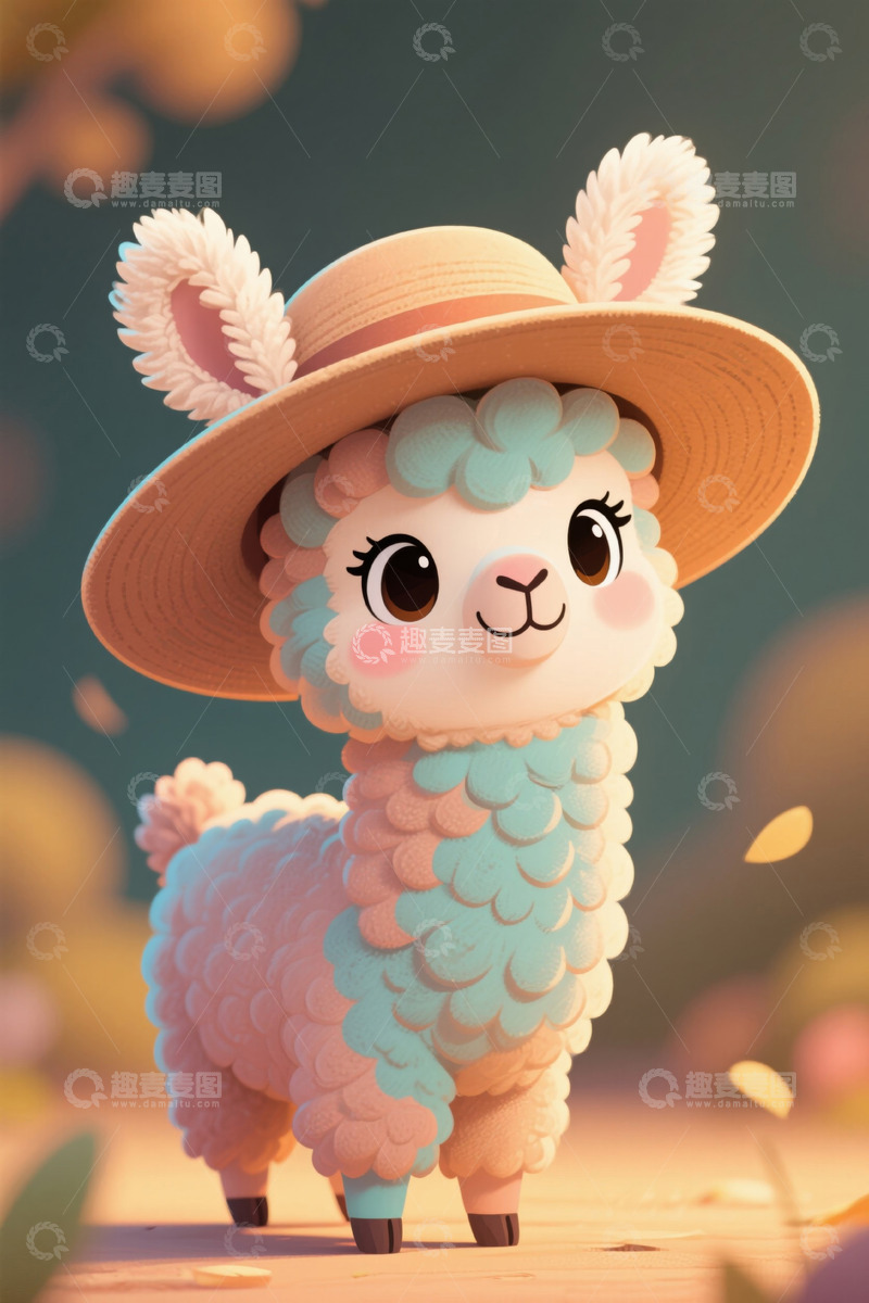 高清大图下载【趣麦麦图】戴草帽的可爱卡通羊驼
