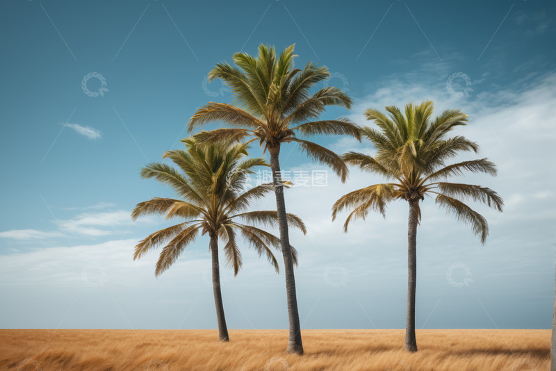 高清大图下载【趣麦麦图】田野中的三棵棕榈树
