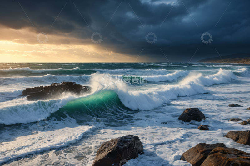 高清大图下载【趣麦麦图】海浪拍打礁石的海岸景象
