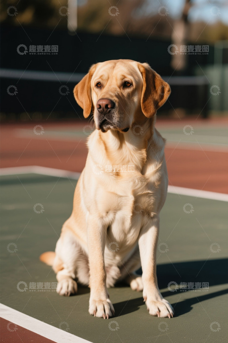 高清大图下载【趣麦麦图】网球场中坐着的拉布拉多犬