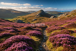 山间紫色花丛与远山风景