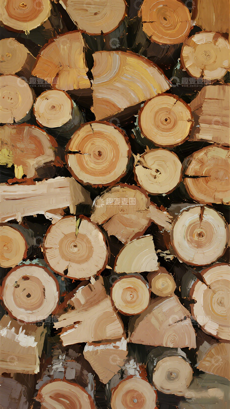 高清大图下载【趣麦麦图】油画风格木材堆叠艺术画作