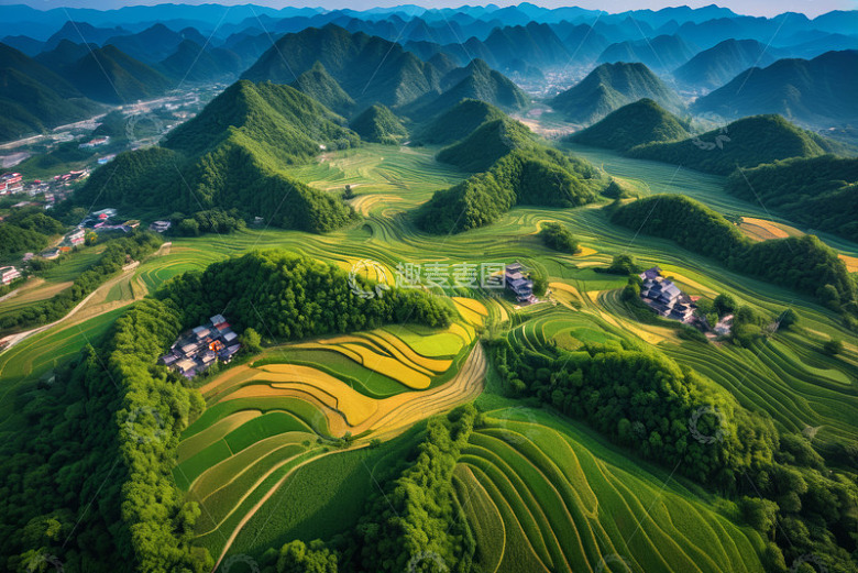 航拍山间梯田与村落景观