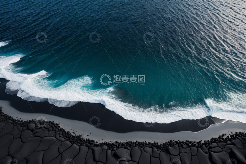 高清大图下载【趣麦麦图】俯瞰海浪拍打黑色沙滩