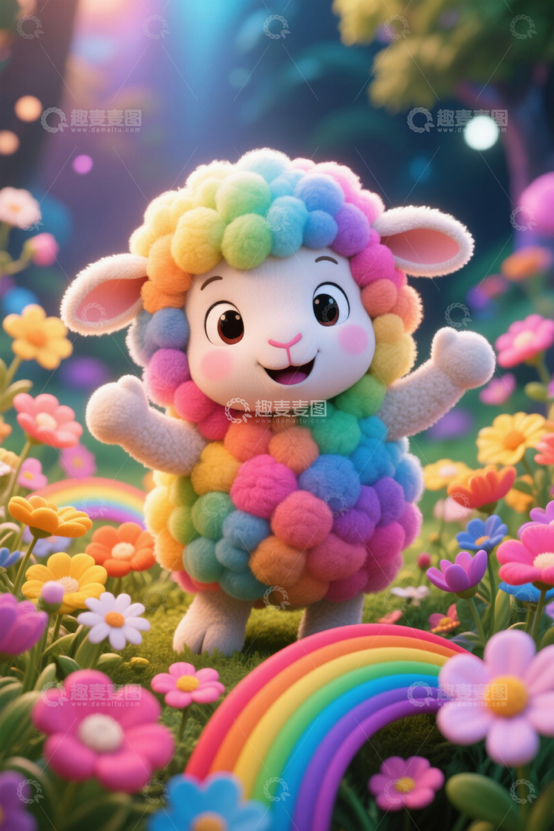 高清大图下载【趣麦麦图】彩色毛绒绵羊站在花丛中