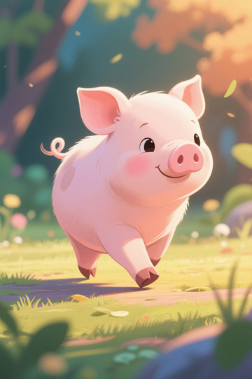 卡通小猪在草地奔跑