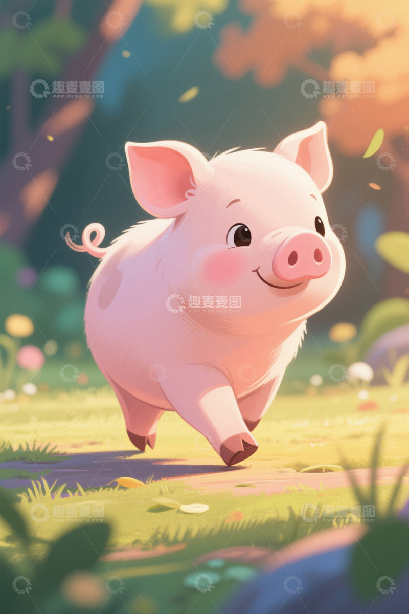 高清大图下载【趣麦麦图】卡通小猪在草地奔跑