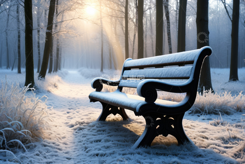 高清大图下载【趣麦麦图】冬日雪后公园长椅风景