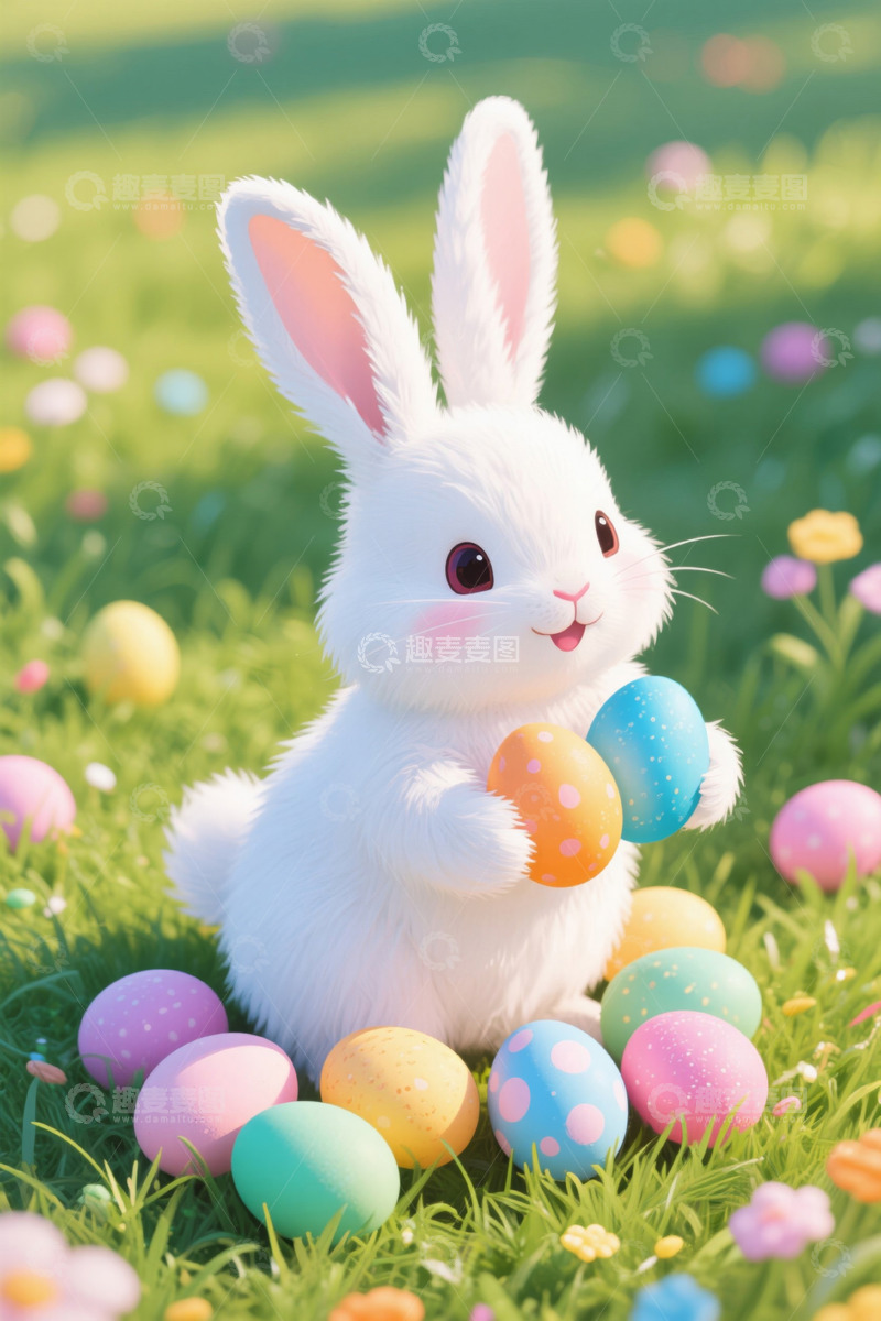 高清大图下载【趣麦麦图】复活节兔子持彩蛋于草地