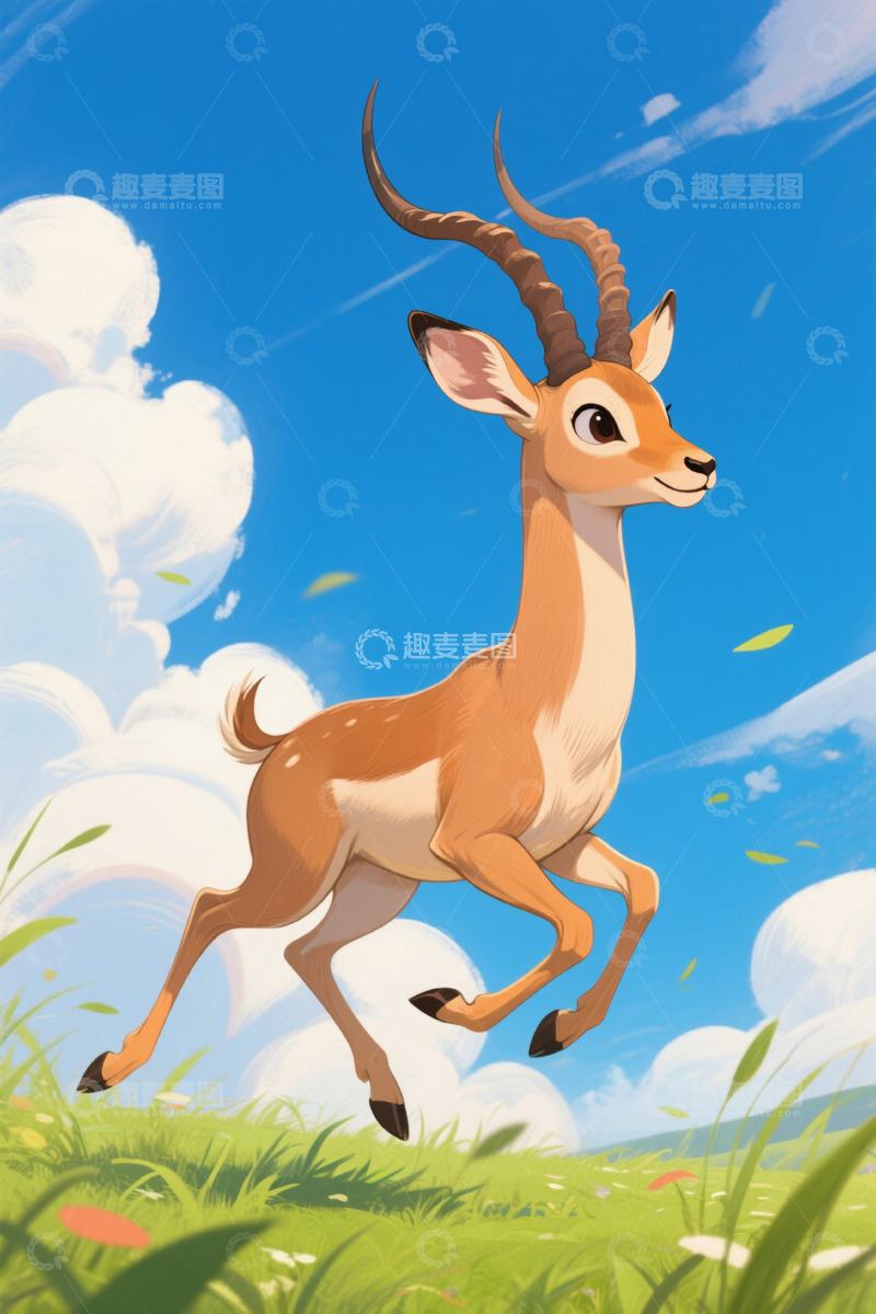 高清大图下载【趣麦麦图】奔跑的卡通羚羊蓝天白云草地