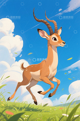 奔跑的卡通羚羊蓝天白云草地