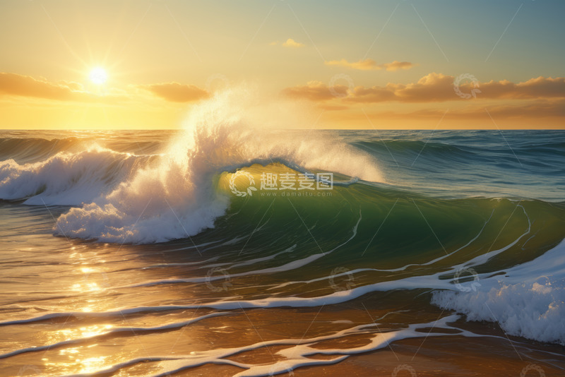 高清大图下载【趣麦麦图】夕阳下海浪拍打海滩景象