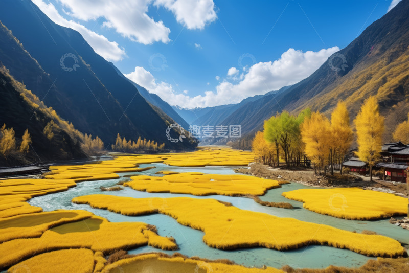 高清大图下载【趣麦麦图】山谷间金黄河滩与山峦风光